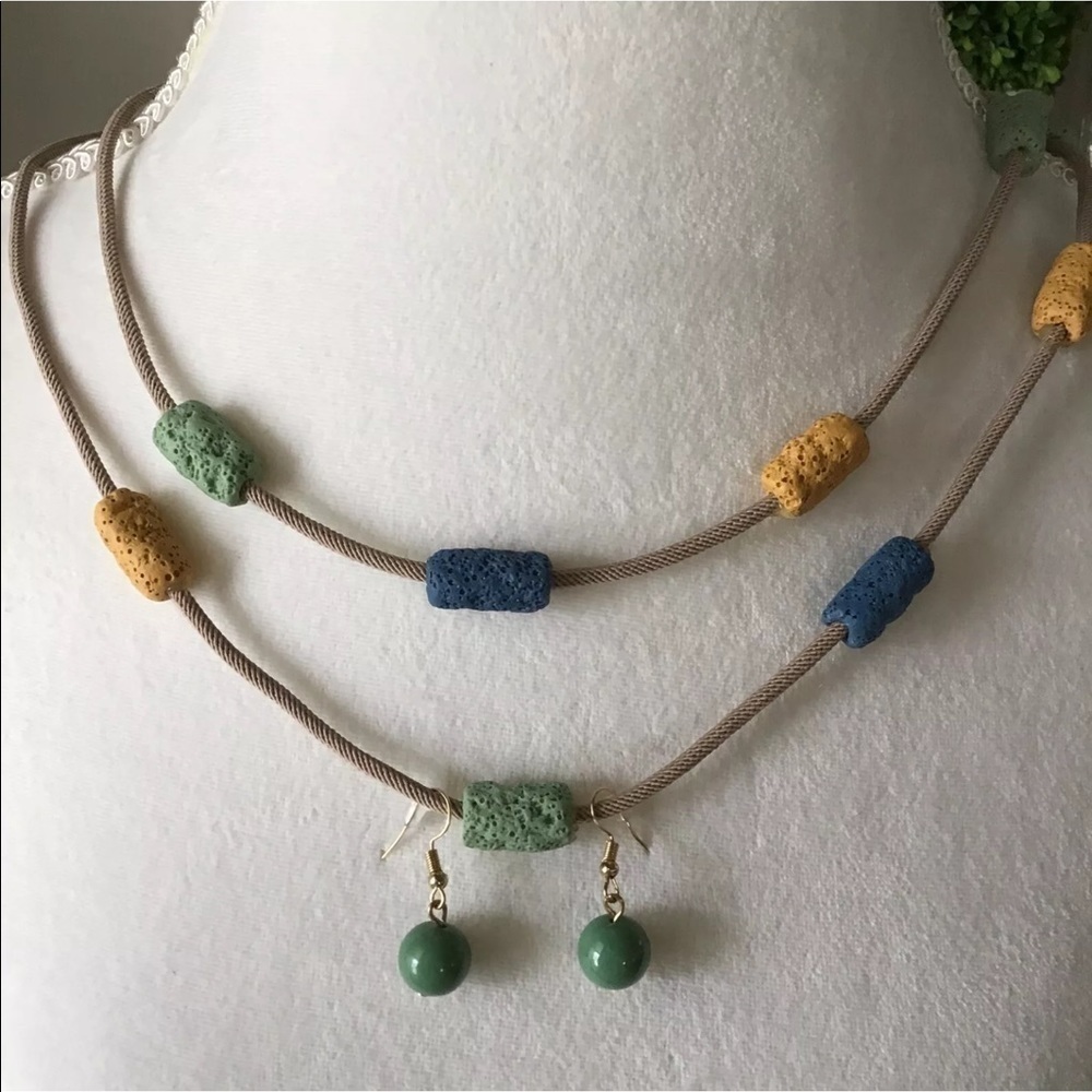 LAST 1! NEW Lava Bead Necklace & Earring SET Green Blue Gold Tube Beads on Cord - Picture 2 of 10